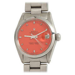 Vintage Rolex Stainless Steel Datejust Wristwatch with Custom Coral-Color Dial Ref 6824