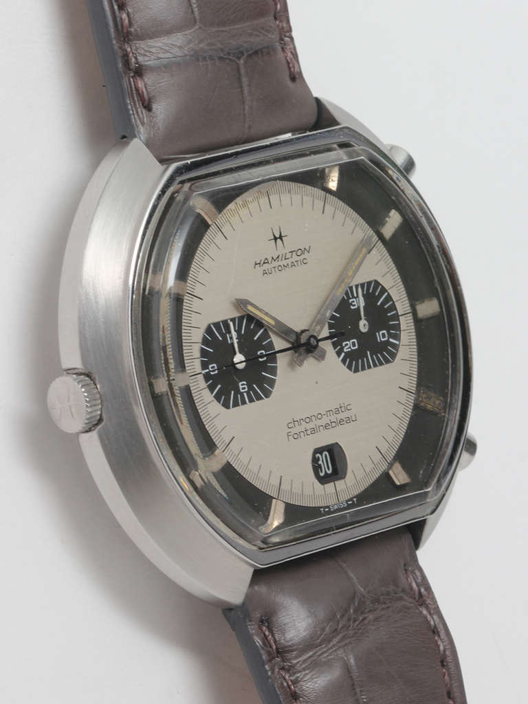Hamilton stainless steel Fontainebleau automatic chronograph wristwatch with unusual design, circa 1970. 42mm x 47mm case with signed Hamilton crown. Two tone silvered and grey dial with date at 6 o'clock. Heuer/Hamilton/Buren-calibre 12 micro-rotor