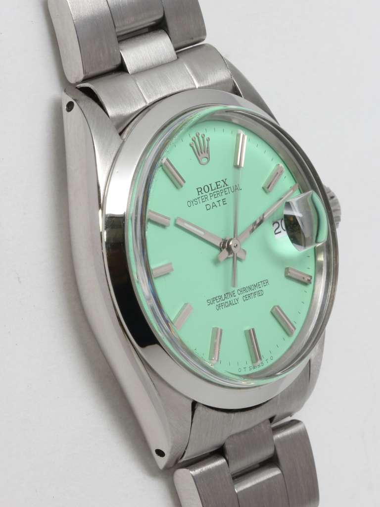 Rolex stainless steel Oyster Perpetual Date wristwatch, Ref. 1500, serial number 1.7 million, circa 1967. 34mm case with smooth bezel and acrylic crystal. Beautiful custom-colored mint green dial with applied indexes and hands. Powered by a