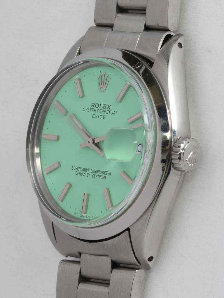 Rolex Stainless Steel Date Wristwatch with Custom-Colored Dial circa 1967 In Good Condition In West Hollywood, CA