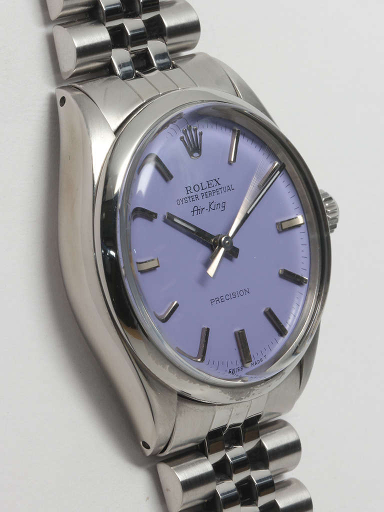 Rolex stainless steel Oyster Perpetual Airking wristwatch, Ref. 5500, serial number 5.3 million, circa 1977. 34mm case with smooth bezel and acrylic crystal. Beautiful custom-colored lavender dial with applied indexes and hands. Powered by a