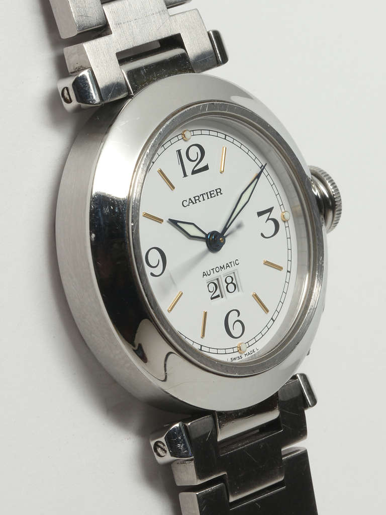 Cartier lady's stainless steel Pasha C Big Date wristwatch, circa 2005. 35mm case with smooth bezel and screw down canteen-style crown. Featuring a white dial with Arabic 3, 6, 9, 12 with luminous kite-shaped hands, sweep seconds and big date