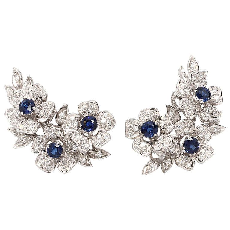 Sapphire Diamond White Gold Floral Earrings at 1stDibs | flower design ...