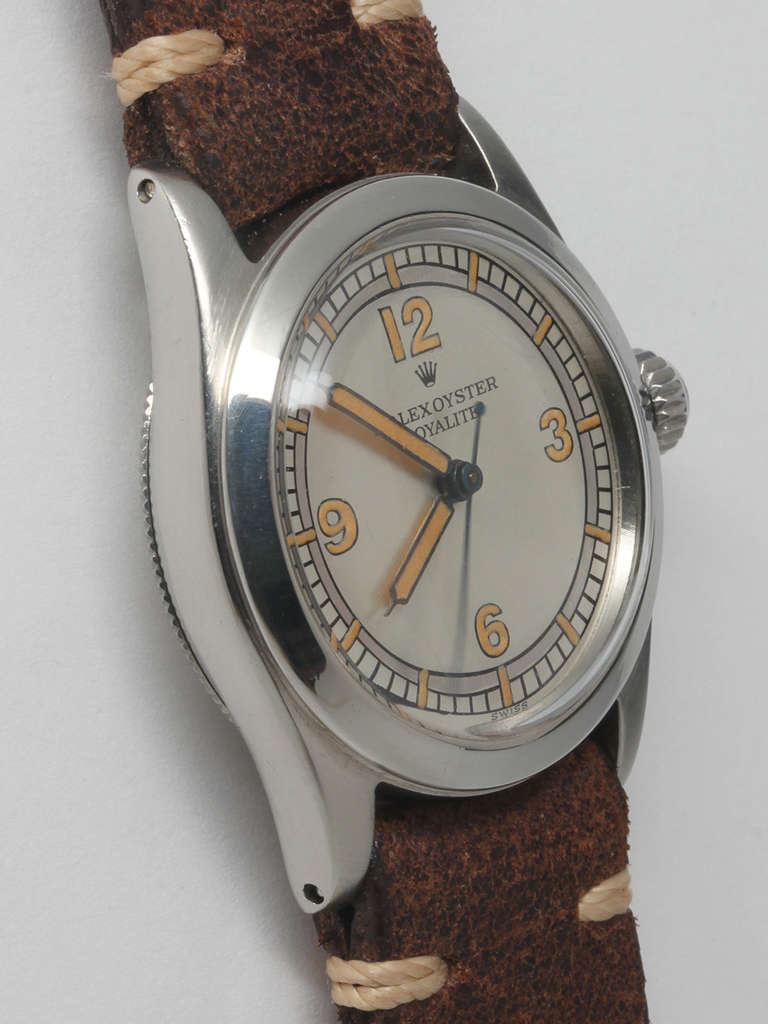 Rolex stainless steel Royalite wristwatch, Ref. 4240, serial number 371,XXX, circa 1945. 31mm case with smooth bezel and acrylic crystal. Restored two-tone dial with Arabic quarter-hour numerals and restored luminous hands. Powered by a 17-jewel