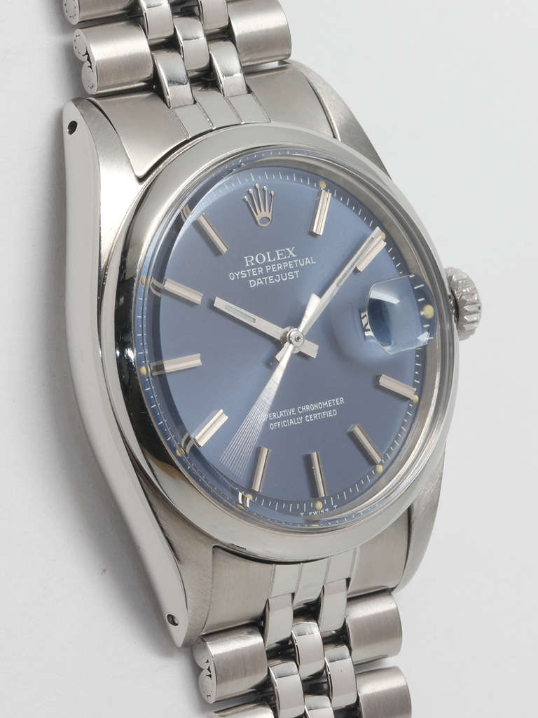 Rolex stainless steel Datejust wristwatch, Ref. 1601, serial number 1.5 million, circa 1967. 36mm case with smooth bezel and acrylic crystal. With beautiful original blue pie-pan dial with applied indexes and baton hands. Powered by a self-winding