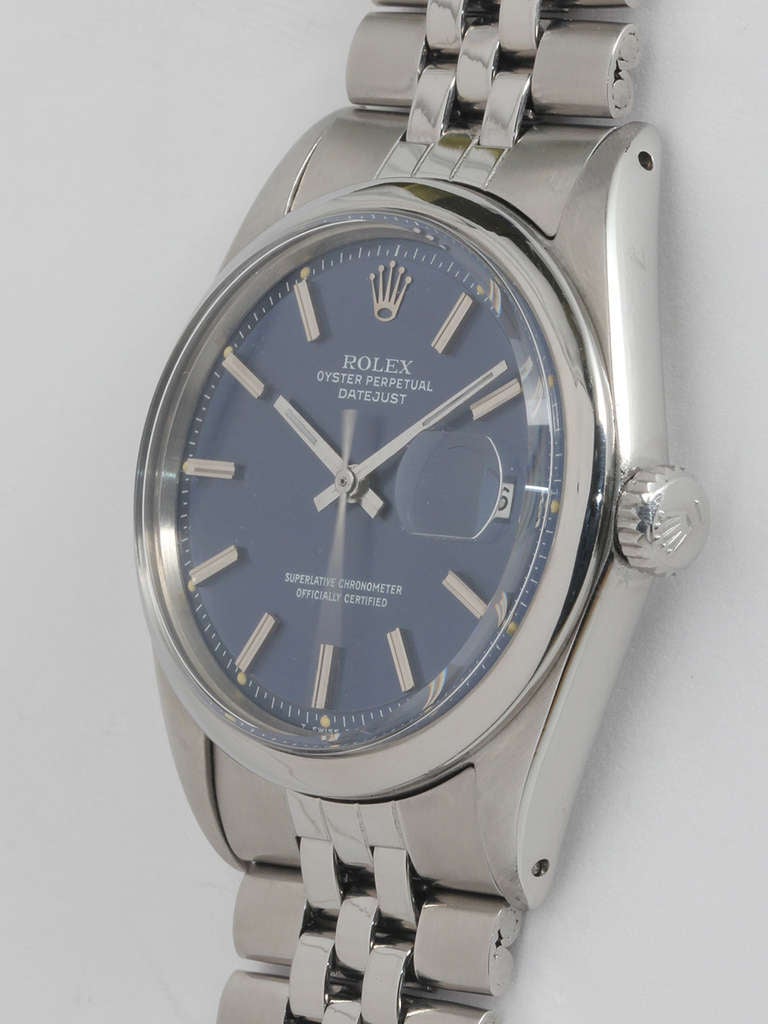 Rolex Stainless Steel Datejust Wristwatch with Blue Dial Ref 1601 circa 1967 In Excellent Condition In West Hollywood, CA
