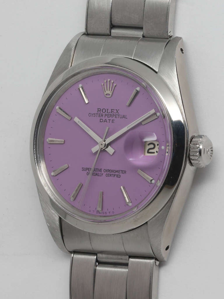 Women's or Men's Rolex Stainless Steel Date Wristwatch with Custom-Colored Dial circa 1969