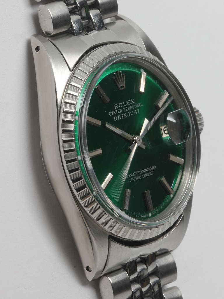 Rolex stainless steel Datejust wristwatch, Ref. 1603, serial number 1.6 million, circa 1967. 36mm case with fluted bezel and acrylic crystal. Gorgeous custom-colored green dial with applied indexes and baton hands. Powered by a self-winding caliber