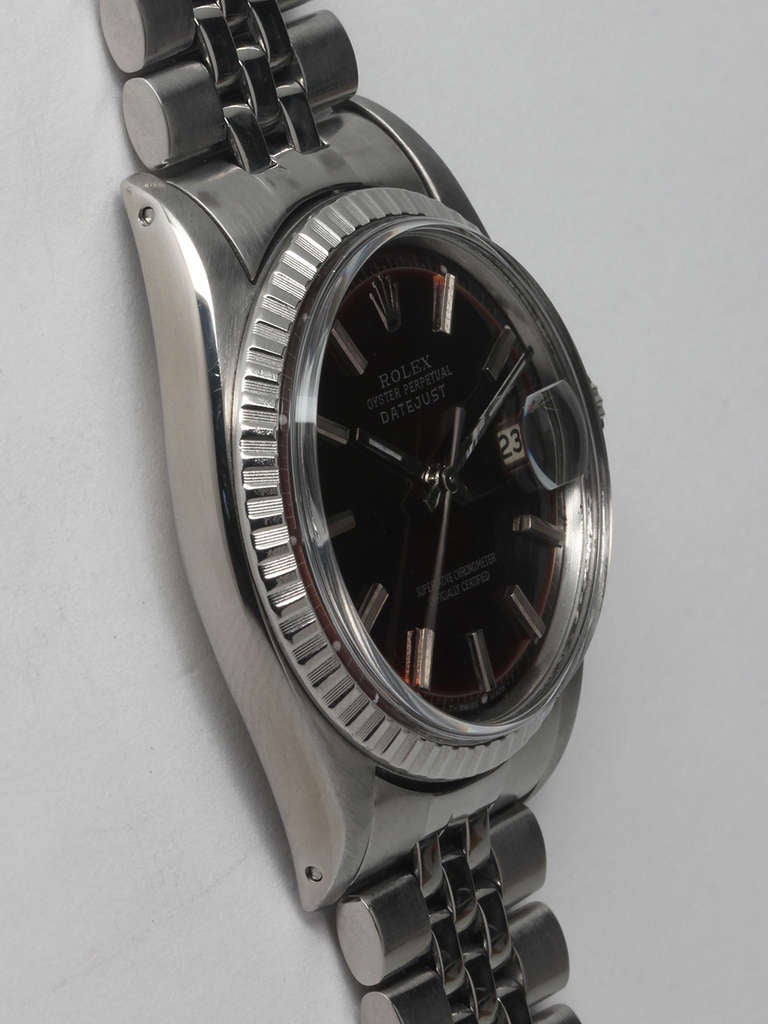 Rolex stainless steel Datejust wristwatch, Ref. 1603, serial number 1.7 million, circa 1967. 36mm case with fluted bezel and acrylic crystal. Gorgeous custom-colored 