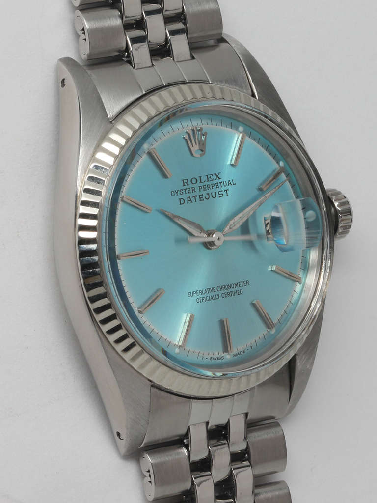 Rolex stainless steel Datejust wristwatch, Ref 1601, serial number 1.1million, circa 1964. 36mm case with fluted bezel and acrylic crystal. Stunning custom-colored 