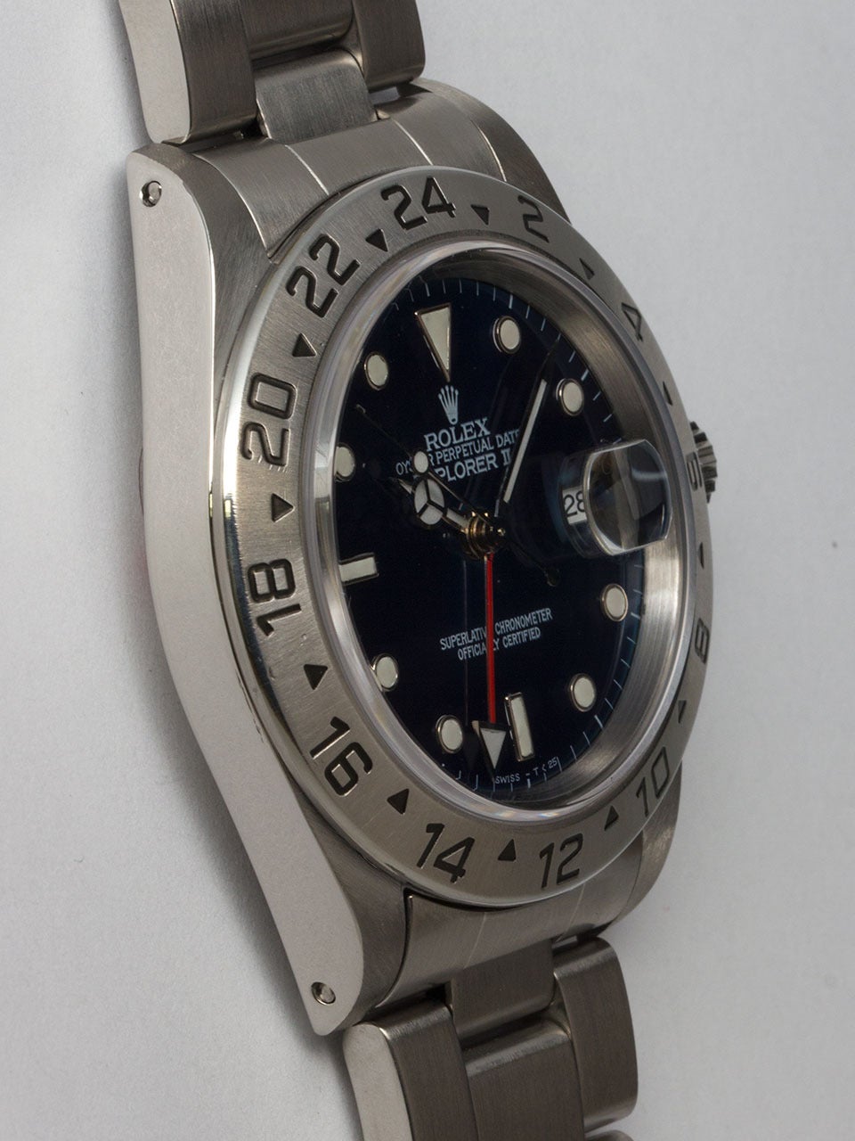 Rolex Stainless Steel Explorer II Wristwatch ref 16570 serial #U3 circa 1997. 40mm diameter case with fixed stainless steel 24 hour bezel and sapphire crystal. Custom colored Sapphire Blue dial with steel surround luminous indexes, hands and red 24