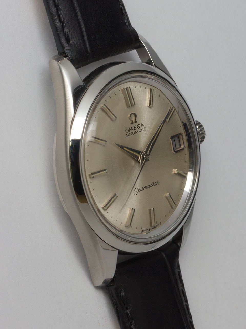 Omega Stainless Steel Seamaster Wristwatch ref 1660110-67 serial #26.9 million circa 1968. 35 x 44 case wide smooth bezel, screw down case back, deeply die struck Seamonster logo. Original matte silvered dial with applied silver indexes, applied