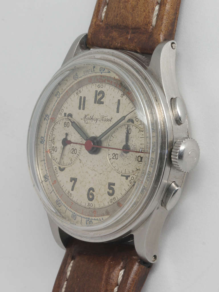 Matthey Tissot Stainless Steel Chronograph Wristwatch circa 1940s In Excellent Condition In West Hollywood, CA