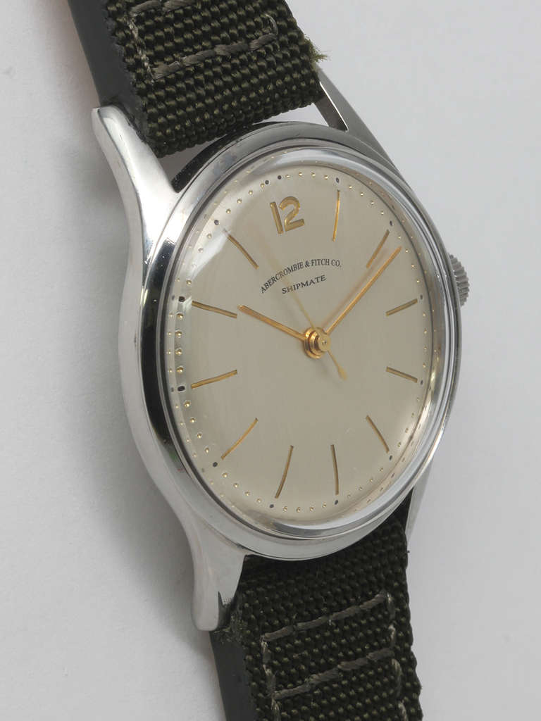Abercrombie & Fitch stainless steel Shipmate wristwatch, circa 1960s. 33 x 42mm case with smooth bezel. Nicely restored silvered dial with gilt indexes and hands, sweep center seconds. Powered by a manual wind 2434 caliber movement. Offered on your