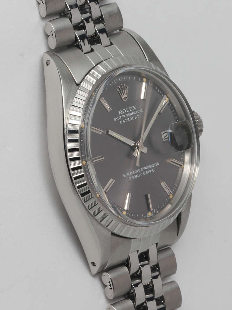 Rolex stainless steel Datejust wristwatch, Ref. 1603, serial number 2.5 million, circa 1970. 36mm case with fluted bezel and acrylic crystal. Gorgeous original grey dial with applied indexes and baton hands. Powered by a self-winding 1570 caliber