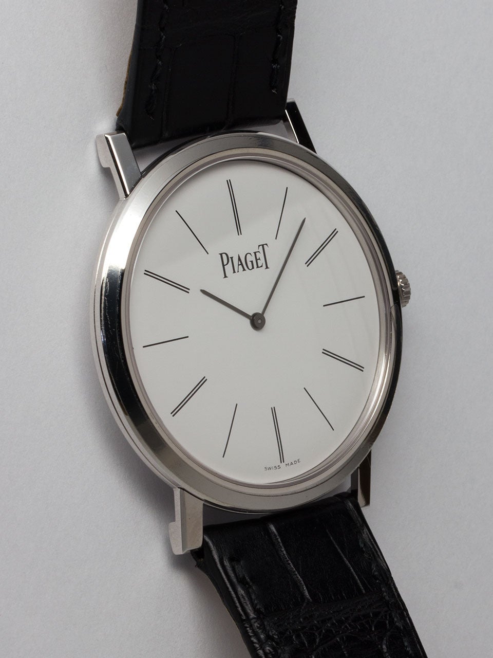 Piaget 18K White Gold Altiplano Wristwatch ref GOA29112 circa 2014. 38mm diameter ultra thin case. Featuring matte white dial with elegant and slim indexes. Powered by 18 jewel manual wind caliber 430P movement with 40 hour power reserve. Original