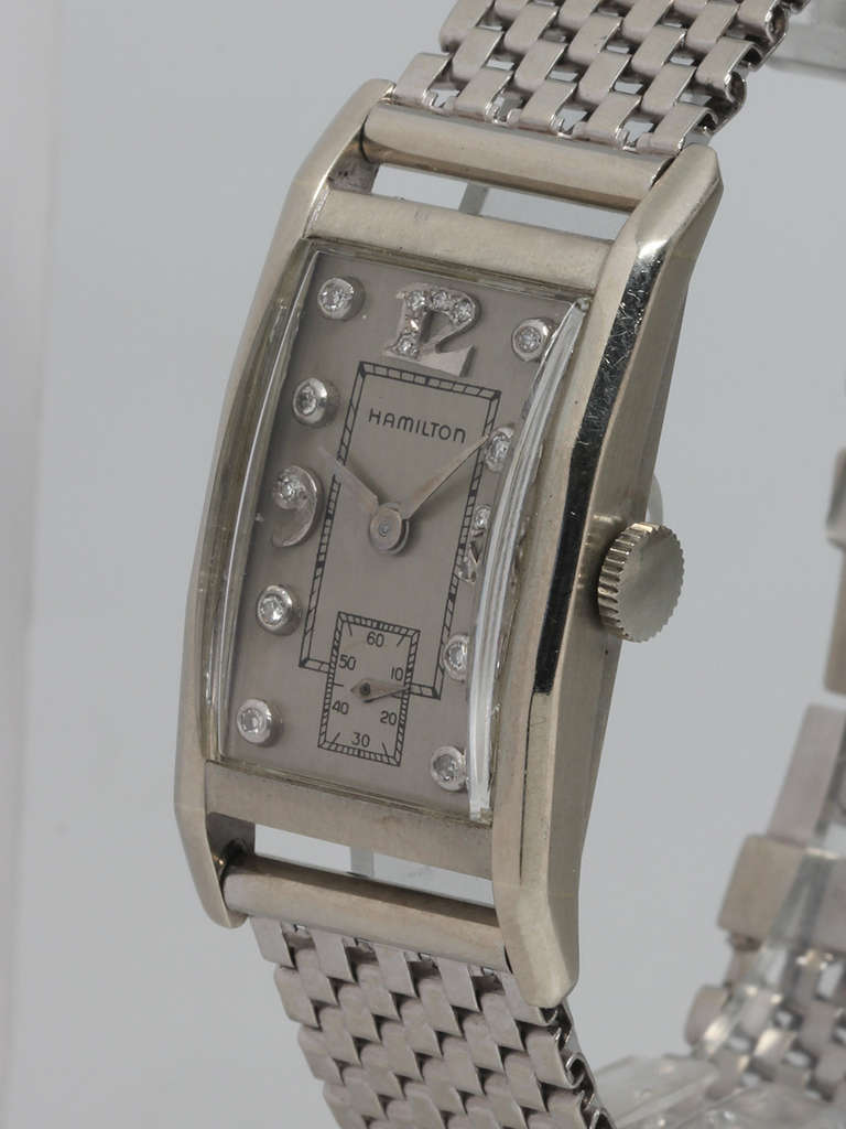 Hamilton White Gold Rectangular Wristwatch with Diamond Dial circa 1950s In Good Condition In West Hollywood, CA