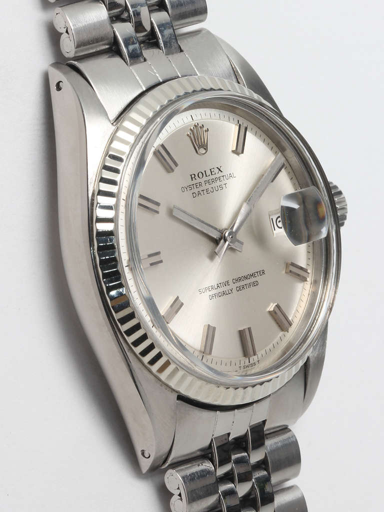 Rolex stainless steel Datejust wristwatch, ref. 1601, serial no. 2.6 million, circa 1969. 36mm diameter case with 14K white gold fluted bezel and acrylic crystal. Original silvered satin 