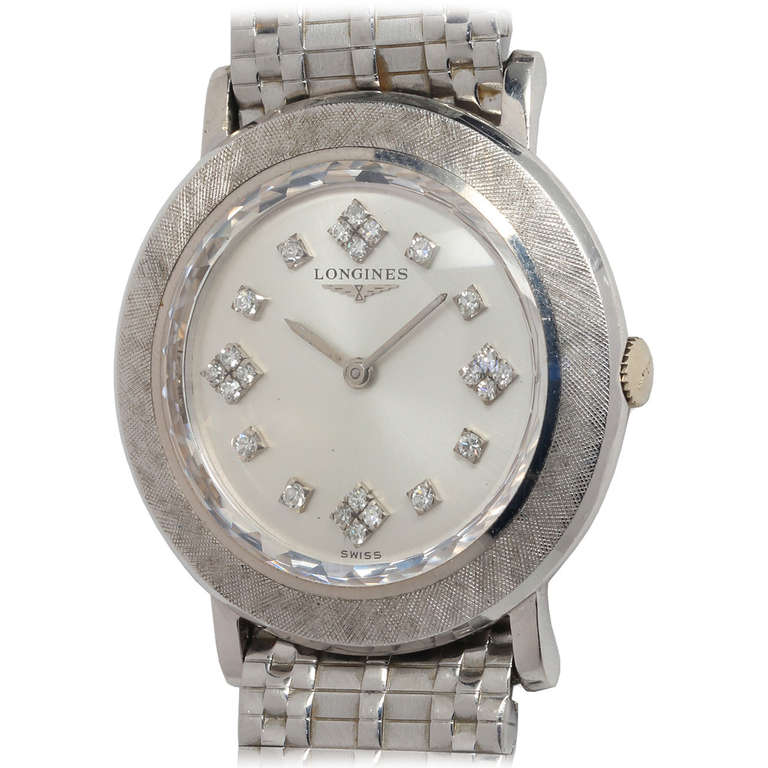 Longines White Gold Tuxedo Wristwatch with Diamond Dial circa 1960s