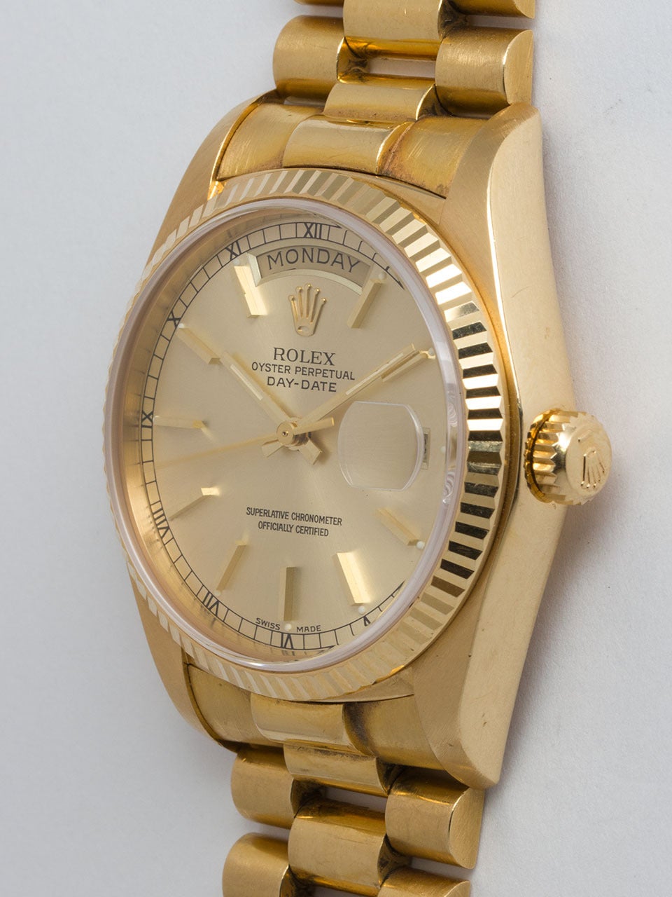 Rolex Yellow Gold Day Date Wristwatch ref 18038 In Excellent Condition In West Hollywood, CA