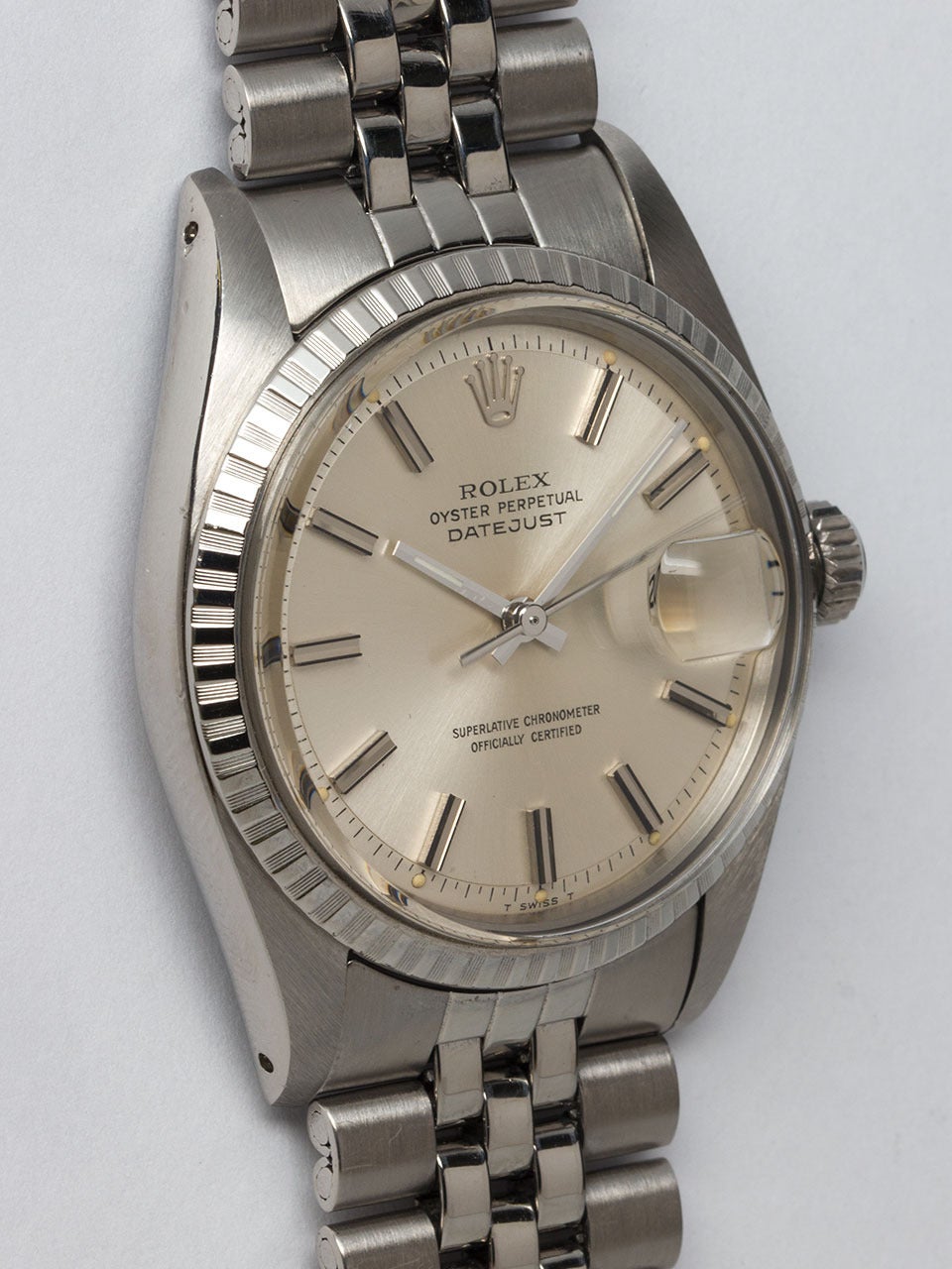 Rolex Stainless Steel Datejust Wristwatch ref 1603 serial #3.2 million circa 1972. 36mm diameter full size man's model with engine turned bezel. Silver satin dial featuring so called 
