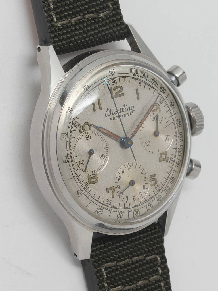 Breitling stainless steel Premier chronograph wristwatch, circa 1950s. 38 x 45.5mm case with round pushers and screw back. Beautiful condition original silvered dial with patinaed luminous Arabic numerals and hands. Case reference 788. Powered by a