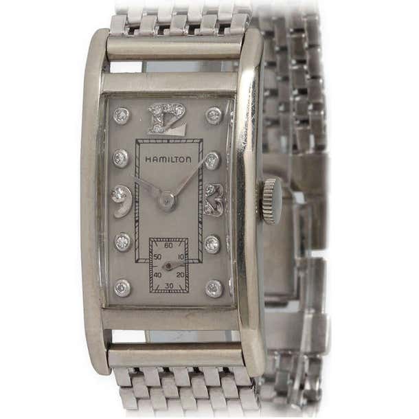 Hamilton White Gold Rectangular Wristwatch with Diamond Dial circa ...