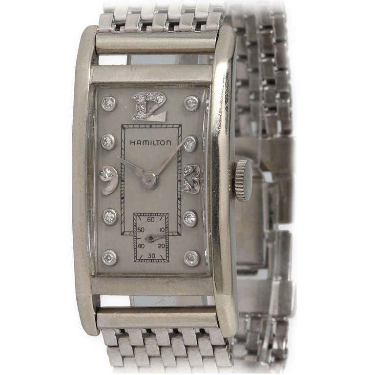 Hamilton White Gold Rectangular Wristwatch with Diamond Dial circa