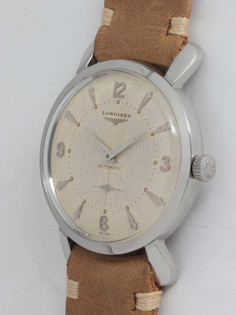 Longines Stainless Steel Automatic Wristwatch with Waffle Dial circa 1950s In Excellent Condition In West Hollywood, CA