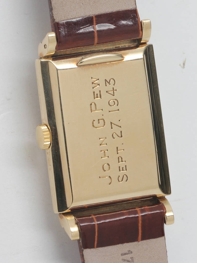 Men's Tiffany & Co Yellow Gold Rectangular Wristwatch circa 1943