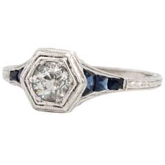 1920s Sapphire Old Mine Cut Diamond Platinum Ring