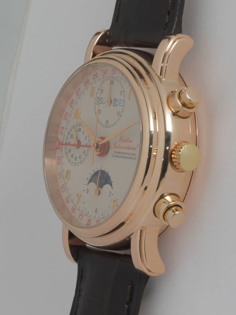 Waldan Rose Gold Triple-Calendar Chronograph Watch with Moonphase circa 1990s In Excellent Condition In West Hollywood, CA
