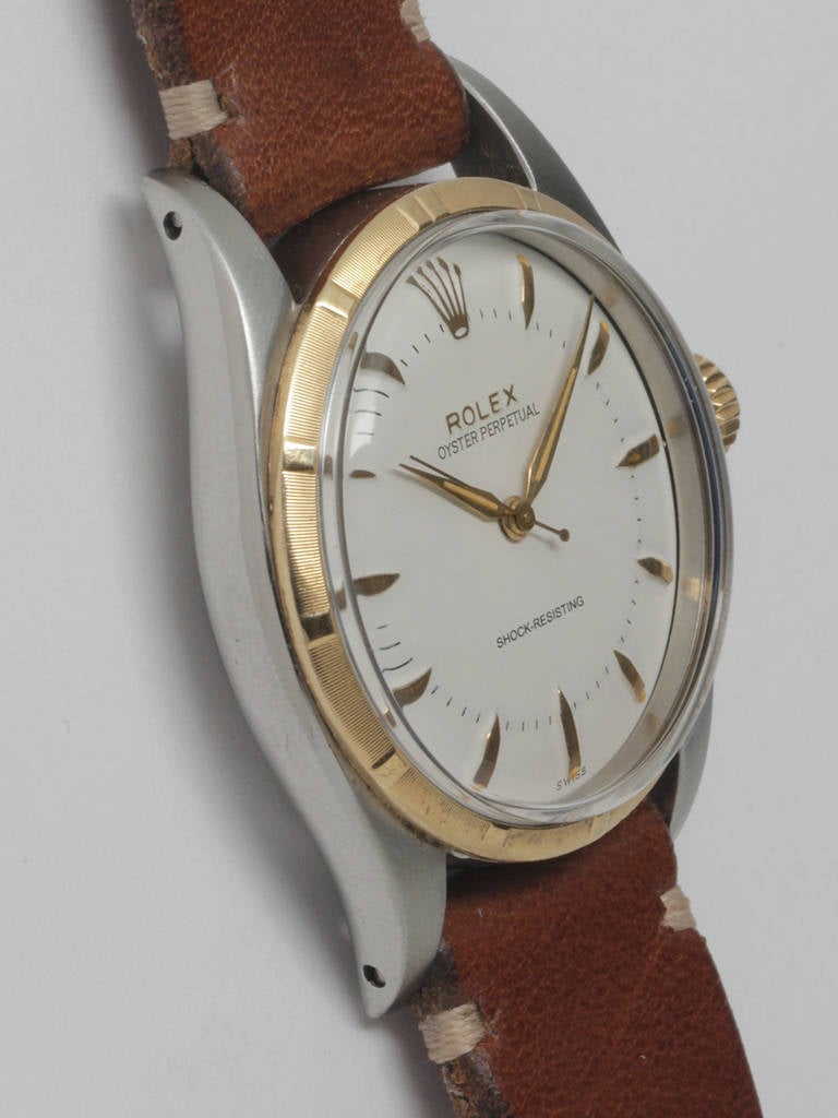 Rolex stainless steel and 14k yellow gold jumbo Bubbleback wristwatch, Ref. 6353, serial number 109,XXX, circa 1954. 36mm engine-turned bezel, early-style Rolex 