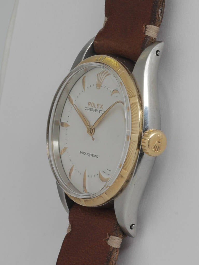 Rolex Stainless Steel and Yellow Gold Jumbo Bubbleback Wristwatch circa 1954 In Excellent Condition In West Hollywood, CA