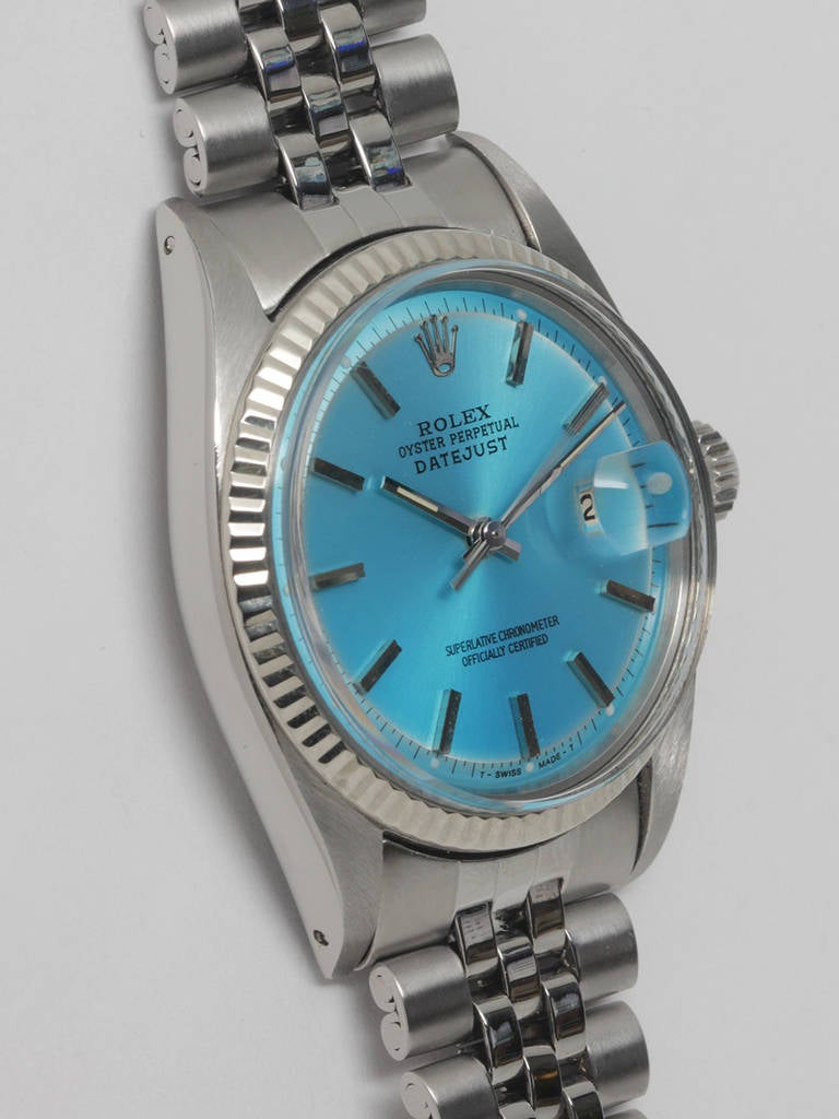 Rolex stainless steel Datejust, ref 1601, serial number 1.2 million, circa 1965. 36mm case with engine turned bezel and acrylic crystal. Beautiful custom-colored blue pie pan dial with applied indexes and baton hands. Powered by self winding