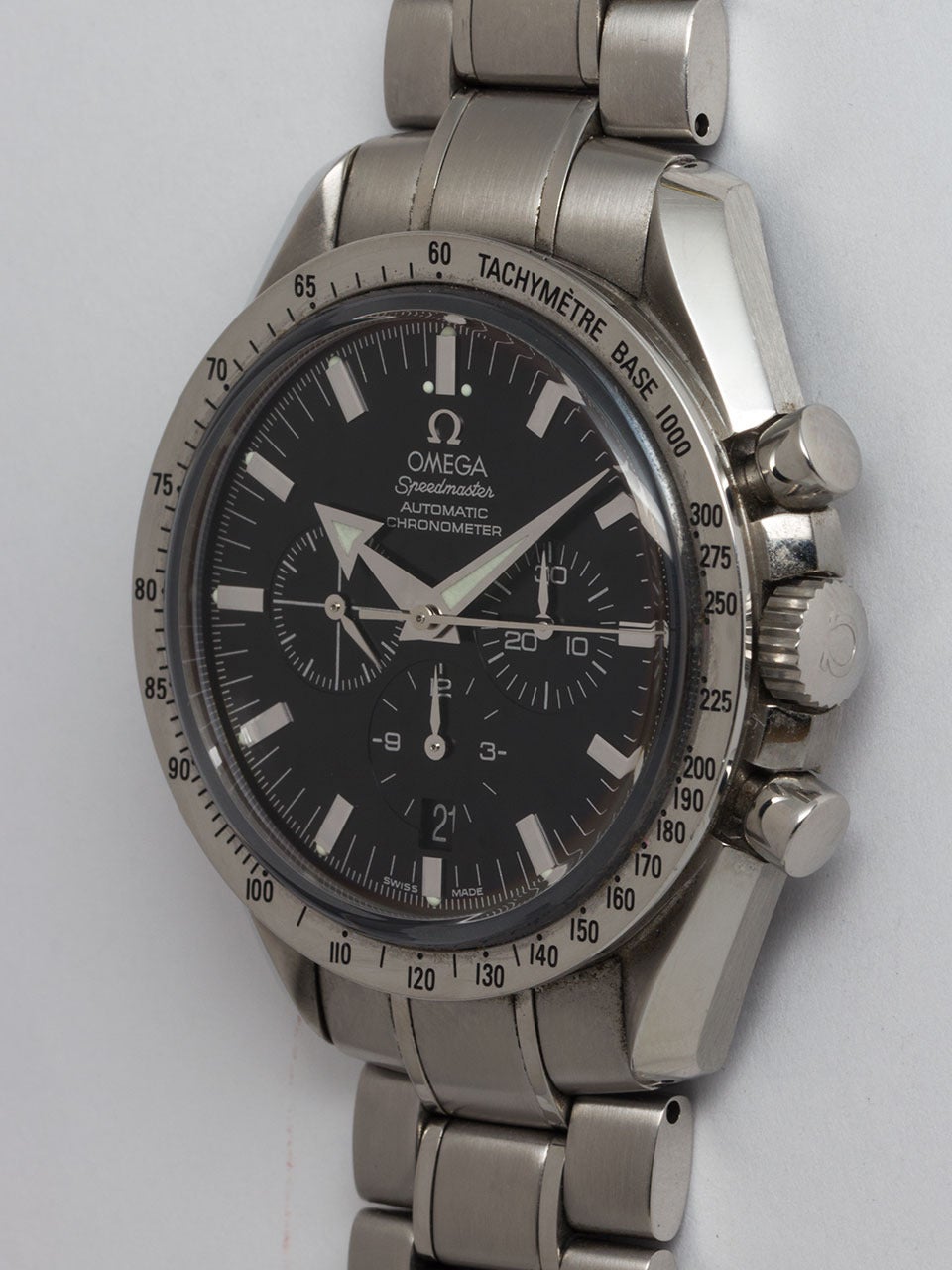 Omega Stainless Steel Speedmaster Broad Arrow Reissue Wristwatch In Excellent Condition In West Hollywood, CA