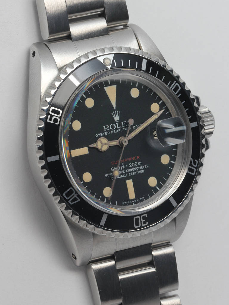 Rolex stainless steel Red Submariner wristwatch, Ref. 1680, serial number 2.3 million, circa 1970. 39mm diameter case with bidirectional elapsed-time bezel and acrylic crystal. Very pleasing original matte black dial with red Submariner and warmly