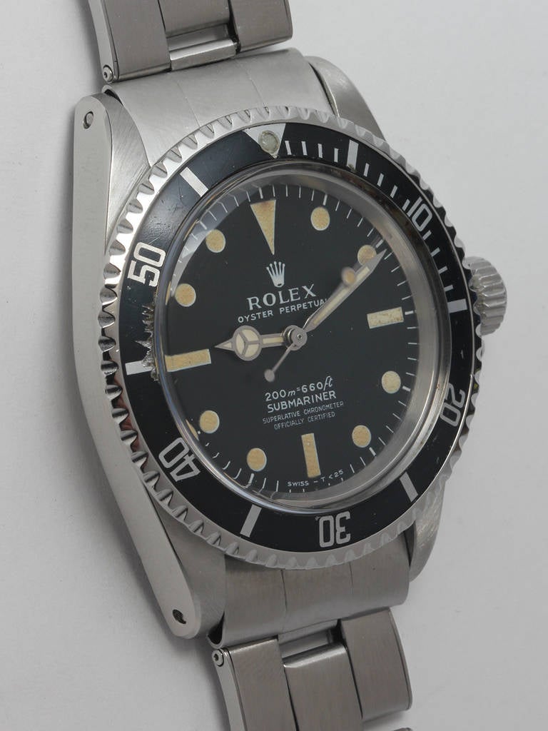Rolex stainless steel Submariner wristwatch, Ref 5512, serial number 1.8 million, circa 1968. 39mm diameter case with bidirectional elapsed-time bezel and acrylic crystal. Very pleasing original matte black meters-first dial with nicely aged