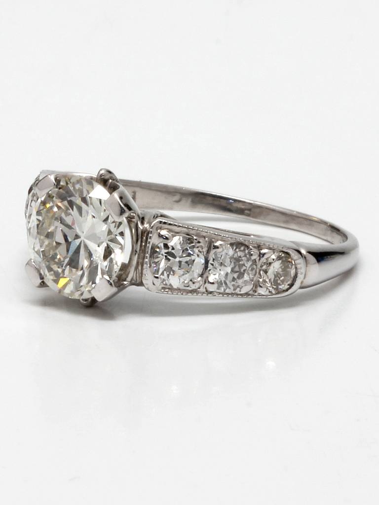 Engagement Ring Platinum 1.32 Carat Old European Cut Diamond J-SI1, 1940s In Excellent Condition For Sale In West Hollywood, CA
