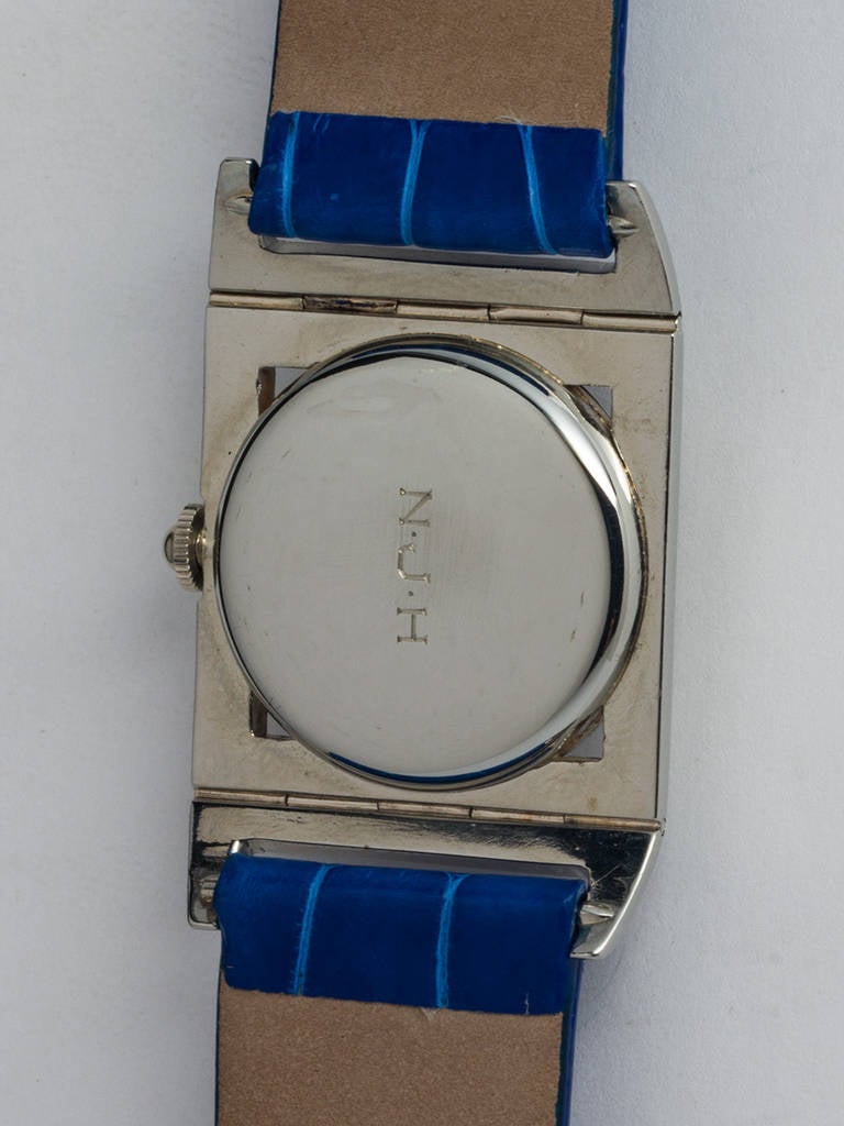 Art Deco Elgin White Gold Presentation Wristwatch with Enamel Bezel and Hinged Lugs