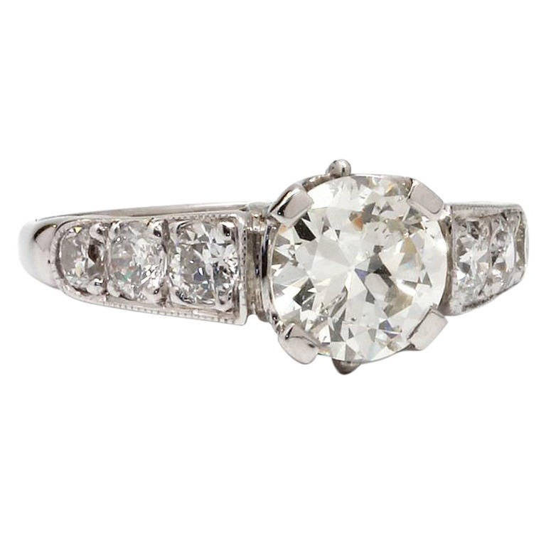 Engagement Ring Platinum 1.32 Carat Old European Cut Diamond J-SI1, 1940s For Sale