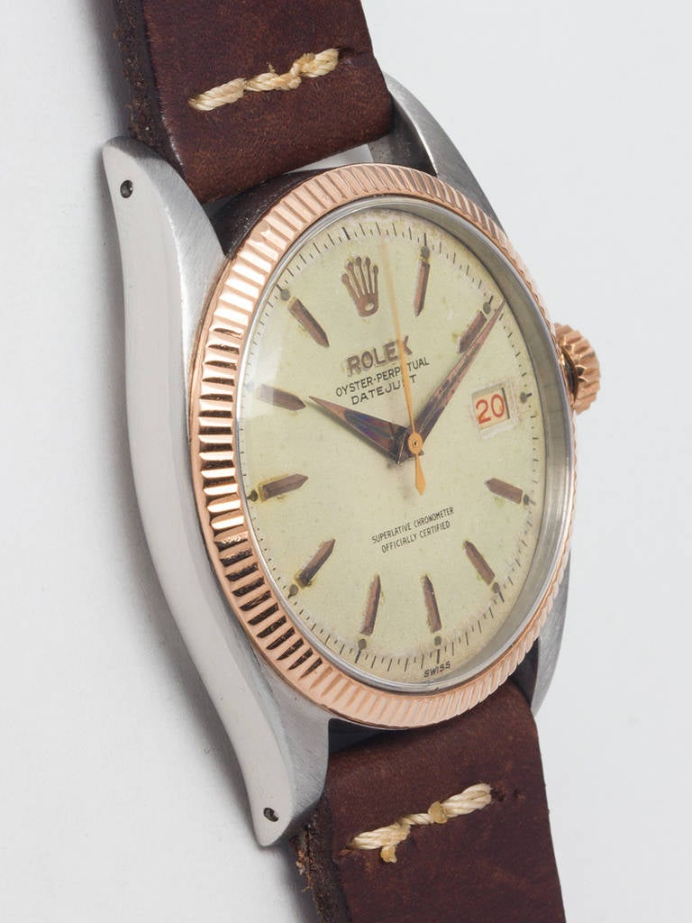 Rolex stainless steel and 14k rose gold early Datejust wristwatch, Ref. 6605, serial number 353,XXX, circa 1958, with original large chronometer certificate. 36mm full size man's model with 14k rose gold engine-turned bezel, dome acrylic crystal