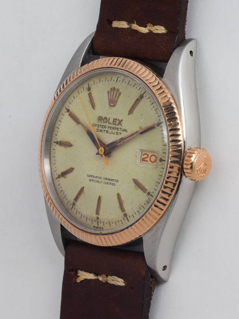 Rolex Stainless Steel and Rose Gold Early Datejust Watch Ref 6605 circa 1958 In Excellent Condition In West Hollywood, CA