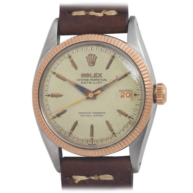 Rolex Stainless Steel and Rose Gold Early Datejust Watch Ref 6605 circa 1958