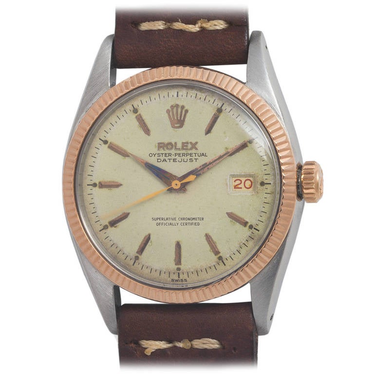 Rolex Stainless Steel and Rose Gold Early Datejust Watch Ref 6605 circa 1958