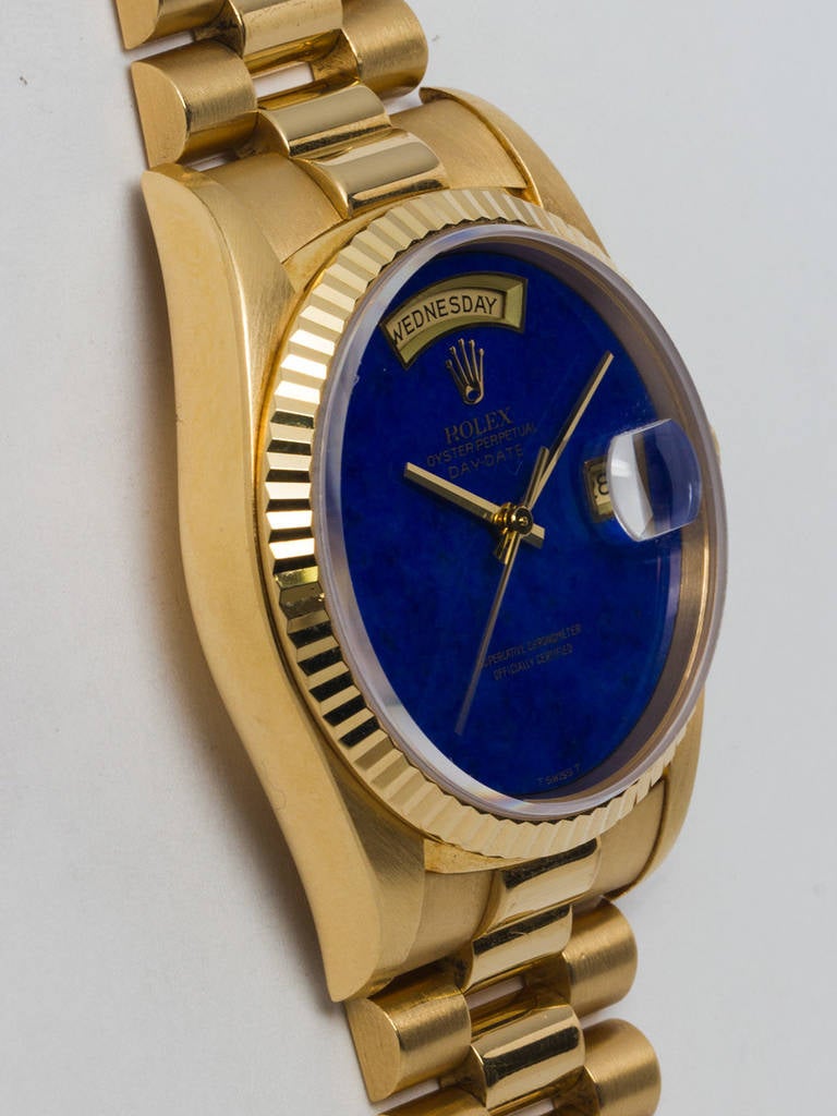 Rolex Yellow Gold Day-Date Wristwatch Ref 18238 with Lapis Dial circa 1995