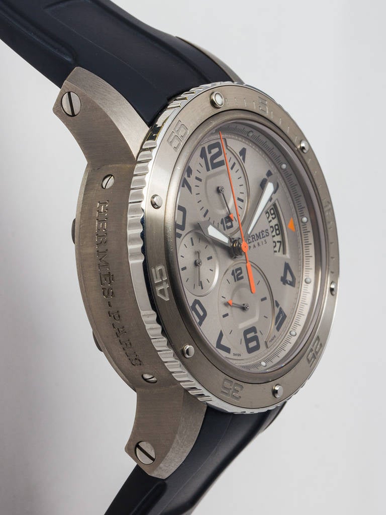 Hermes Stainless Steel and Titanium Clipper Chronograph Wristwatch, circa 2000s. Stunning and stylish contemporary model featuring 44mm diameter
case with matte finish, screw down crown, sapphire crystal and display back.  Three-register automatic