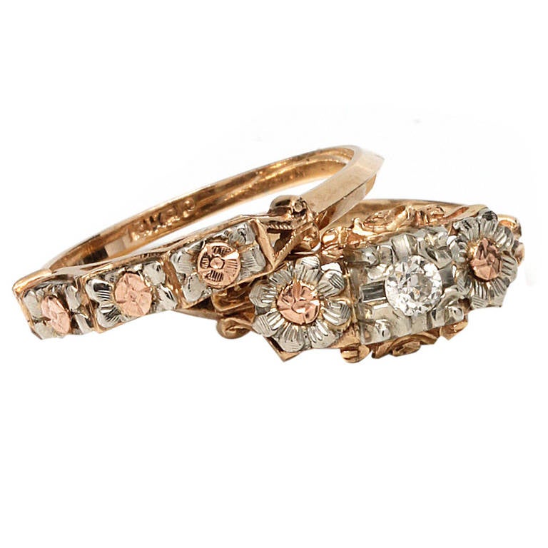 1940s Yellow White and Rose Gold Wedding Ring Set