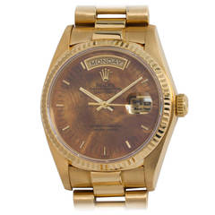 Rolex Yellow Gold Day-Date President Wristwatch Ref 18038 with Burl Wood Dial