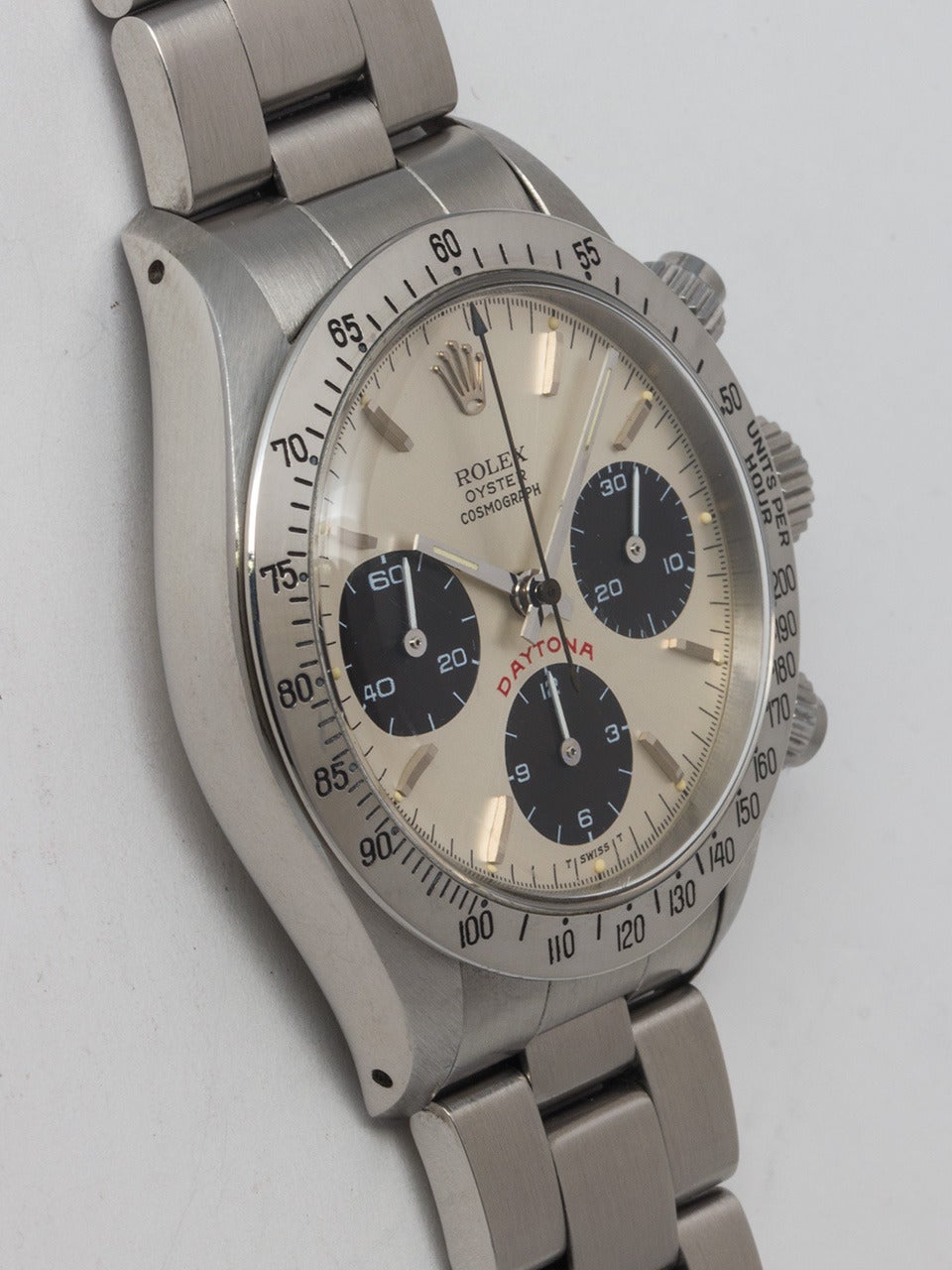 Rolex stainless steel Daytona wristwatch, Ref. 6265, serial number 6.3 million, circa 1980. 36.5 mm diameter case with steel tachometer bezel and acrylic crystal. Pristine original silvered satin dial with contrasting black registers and Daytona
